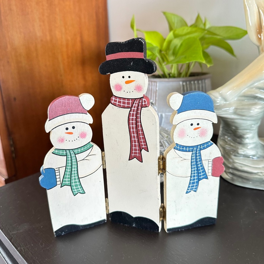 VTG Wooden Snowman Trio Folding Christmas Tabletop Decor 8" Cottagecore Country